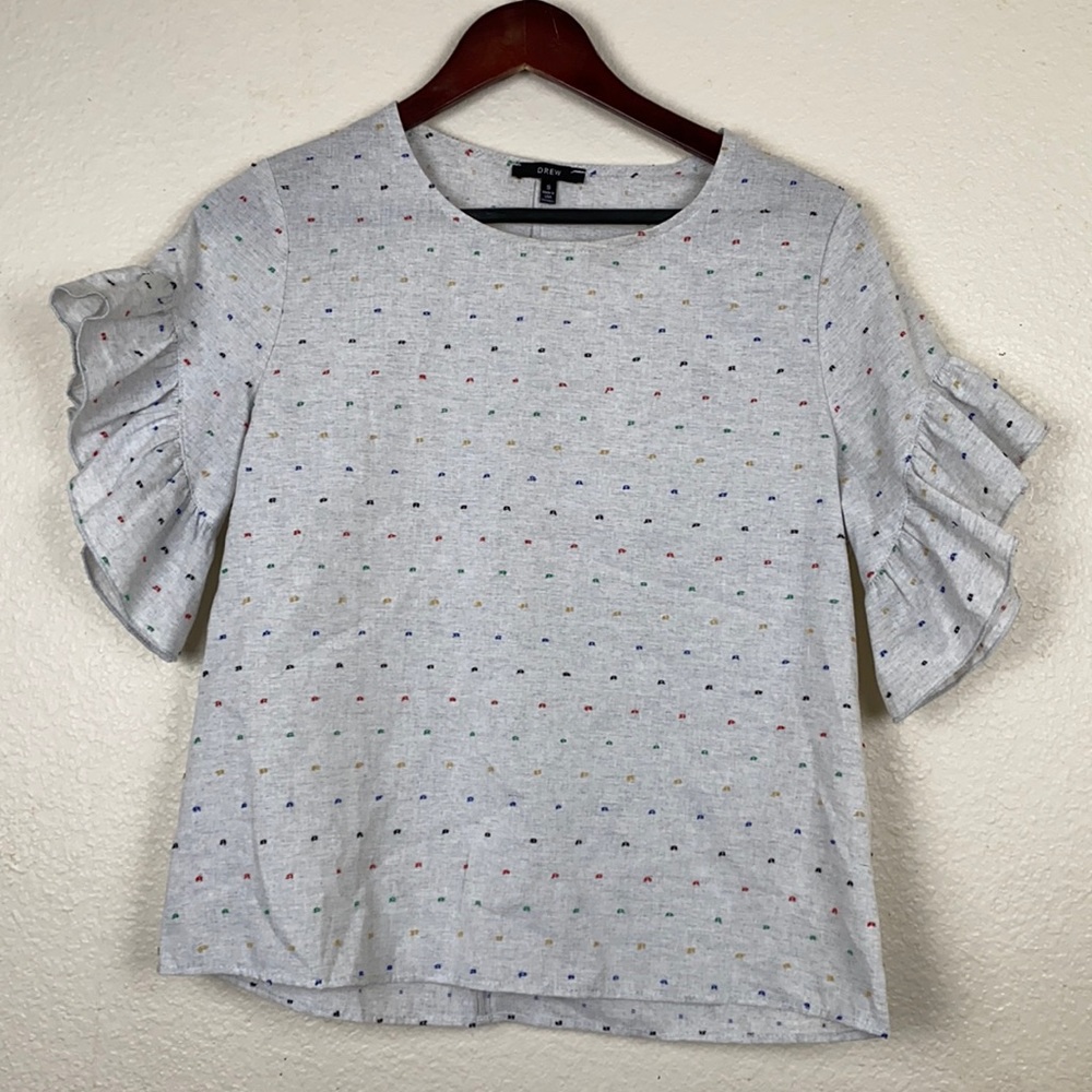 Drew Ruffled Bell Short Sleeved Grey + Rainbow Top